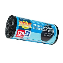 Мешки для мусора 120 л, с ушками, черные, в рулоне 30 шт., ПНД, 15 мкм, 1100х700 мм, Крепак, 4607075710375 в Луганске