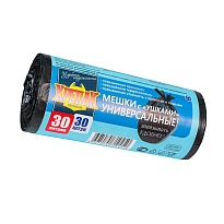 Мешки для мусора 30 л, с ушками, черные, в рулоне 30 шт., ПНД, 9 мкм, 600х500 мм, Крепак, 4607075710450 в Луганске